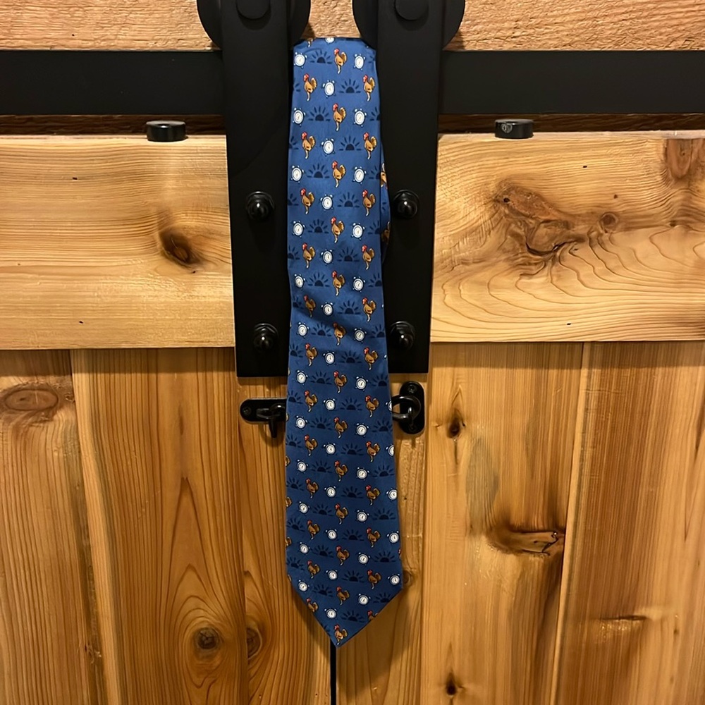 Hermes Tie Chicken with Alarm Clock & Sunrise silk 100% blue men's 7566 SA